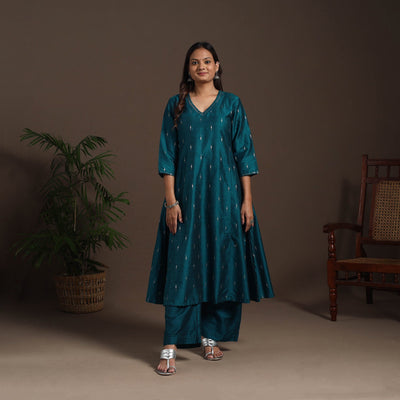 Blue - hand embroidered a-line buti work spun dupion silk