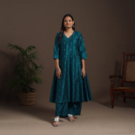 Blue - hand embroidered a-line buti work spun dupion silk