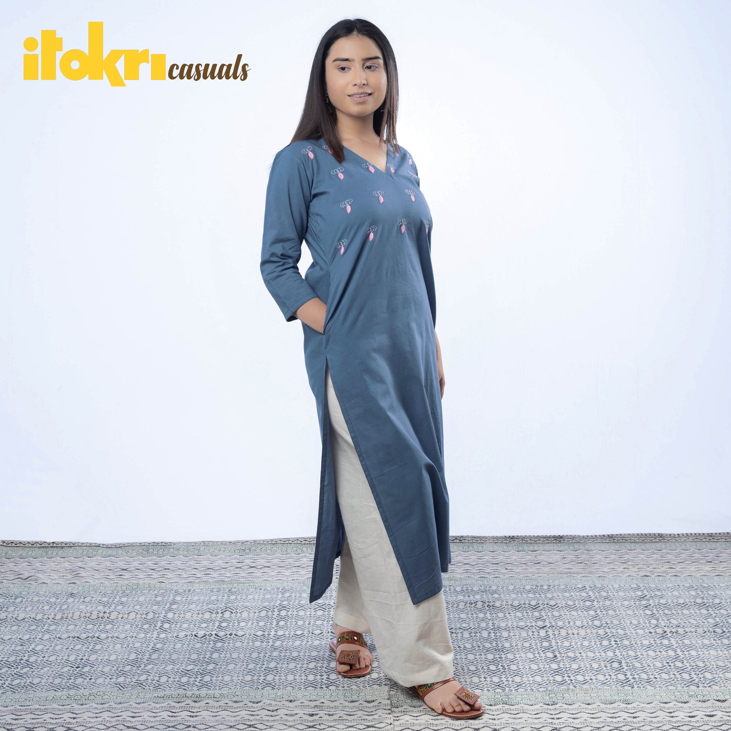  iTokri Casuals - Hand Embroidered Cotton Long Kurta 