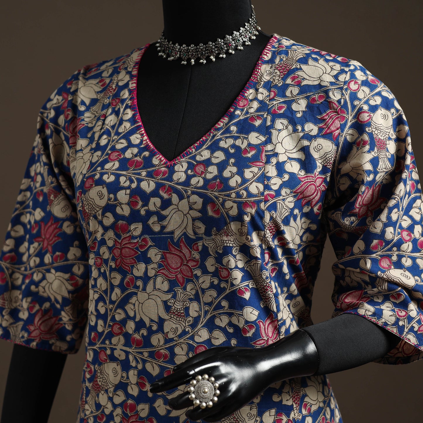 Hand embroidered printed cotton a-line kalamkari kurta