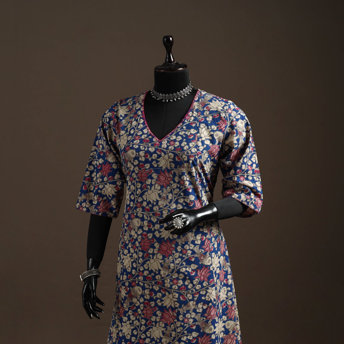 Hand embroidered printed cotton a-line kalamkari kurta