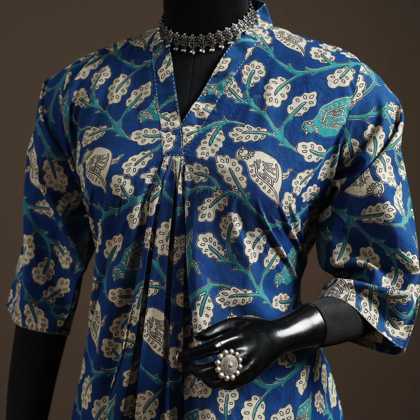 Hand embroidered printed cotton a-line kalamkari kurta