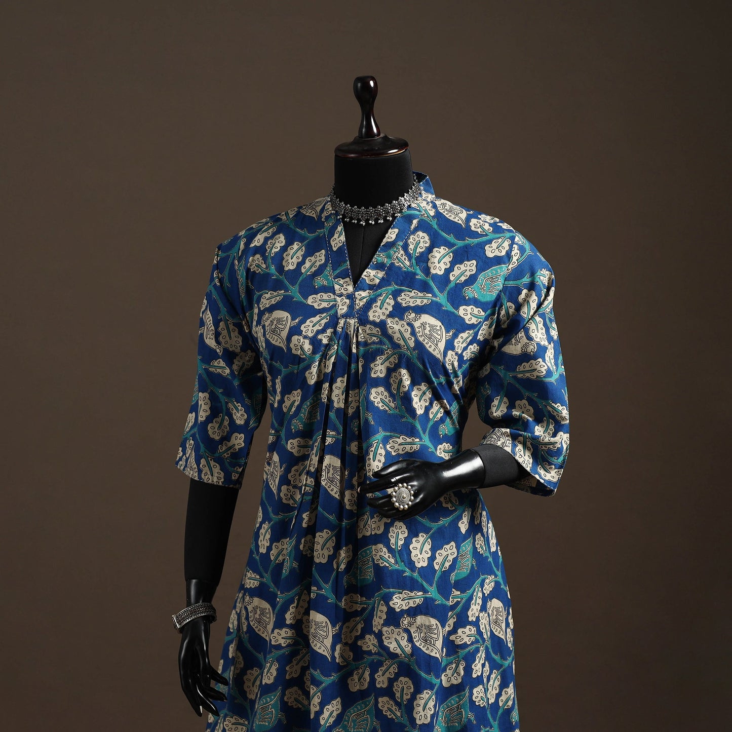 Hand embroidered printed cotton a-line kalamkari kurta