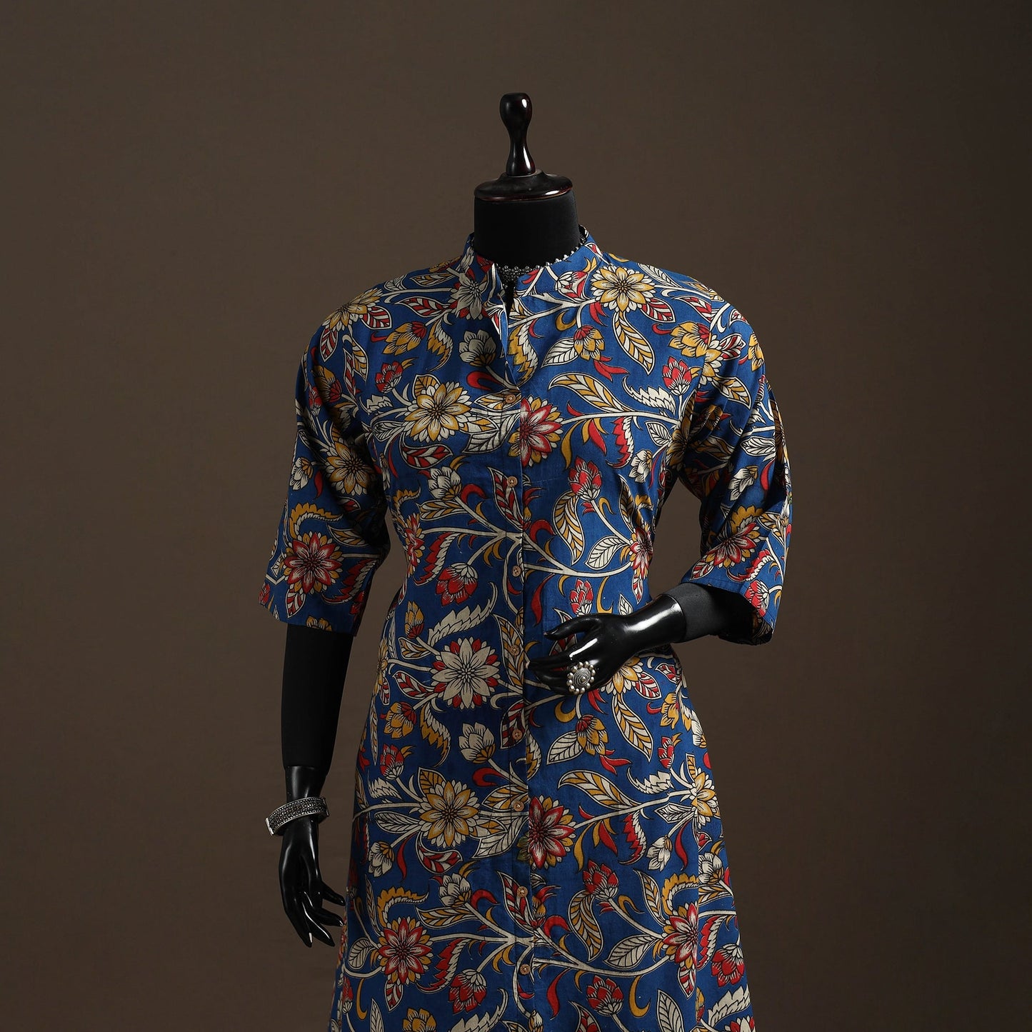 Hand embroidered printed cotton a-line kalamkari kurta