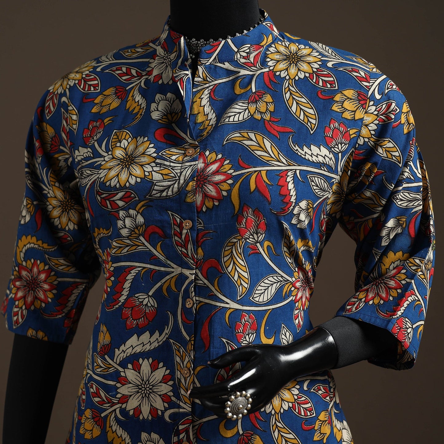 Hand embroidered printed cotton a-line kalamkari kurta