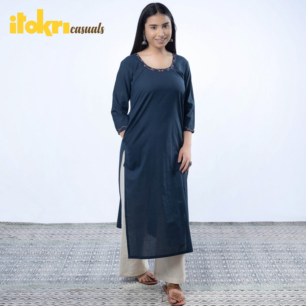  iTokri Casuals - Hand Embroidered Cotton Long Kurta 