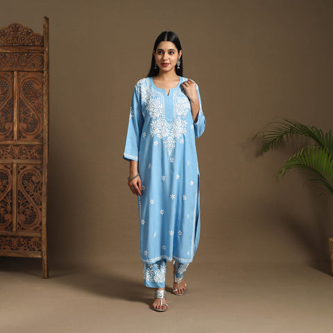 Blue Hand Embroidered Rayon Chikankari Kurta with Pant Set