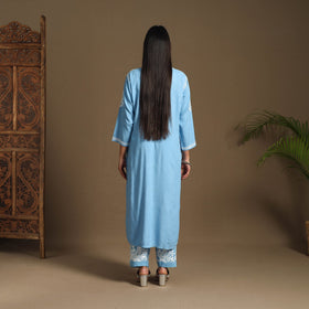 Blue Hand Embroidered Rayon Chikankari Kurta with Pant Set