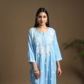 Blue Hand Embroidered Rayon Chikankari Kurta with Pant Set