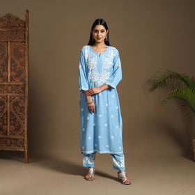 Blue Hand Embroidered Rayon Chikankari Kurta with Pant Set