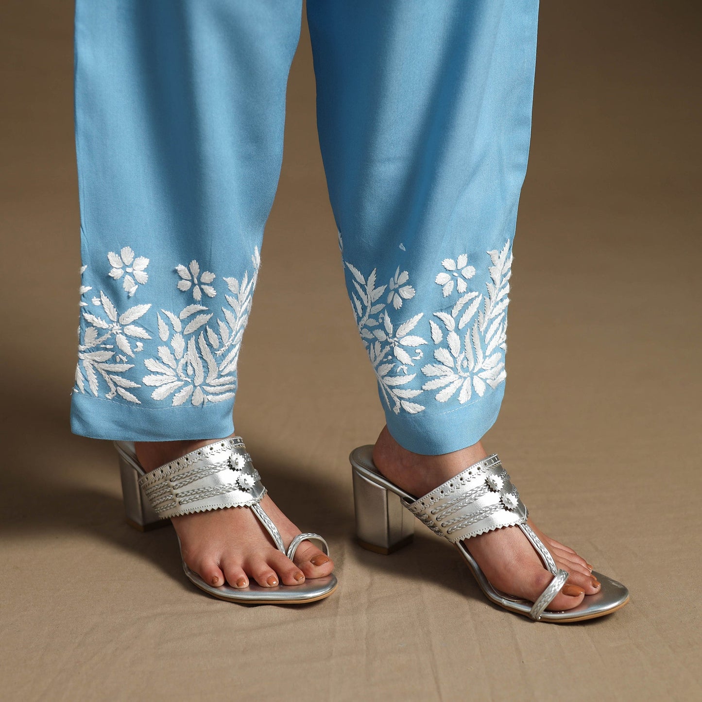 Blue Hand Embroidered Rayon Chikankari Kurta with Pant Set