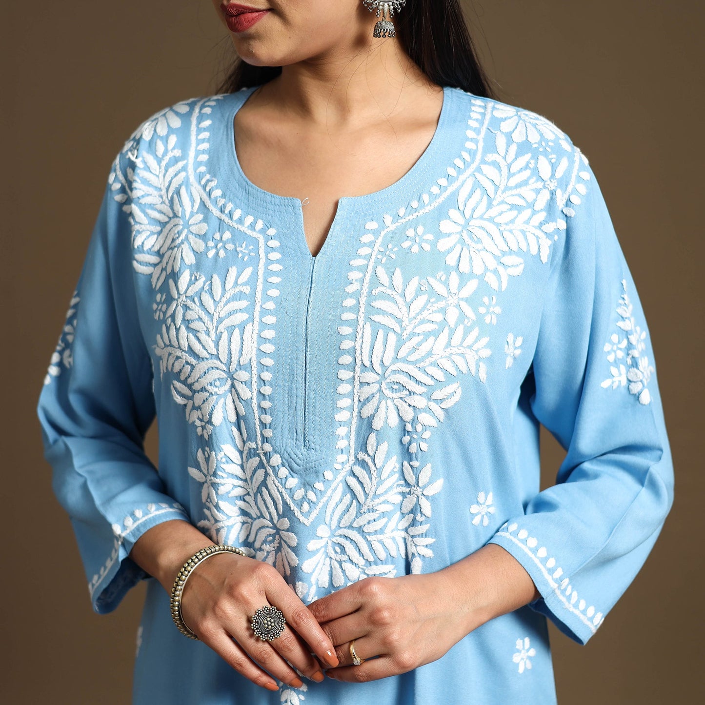 Blue Hand Embroidered Rayon Chikankari Kurta with Pant Set