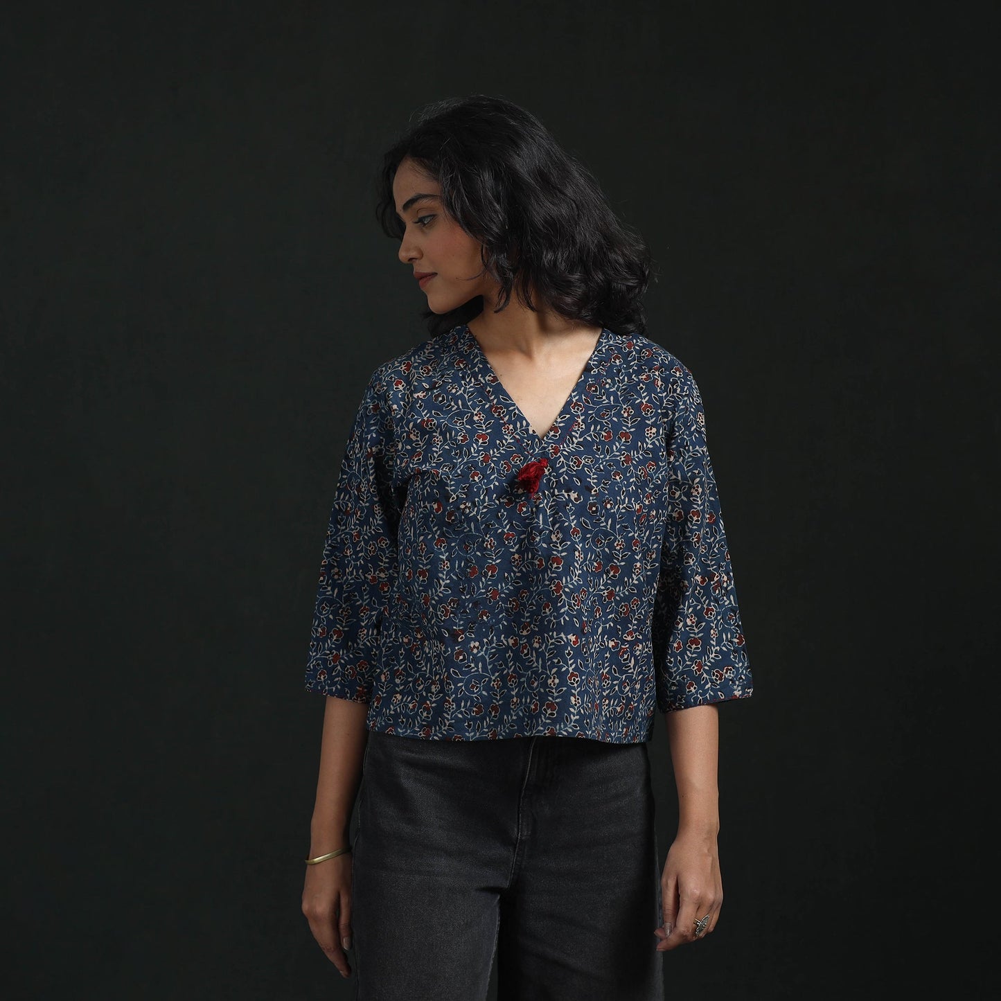 Hand embroidery block print cotton natural dyed ajrakh crop