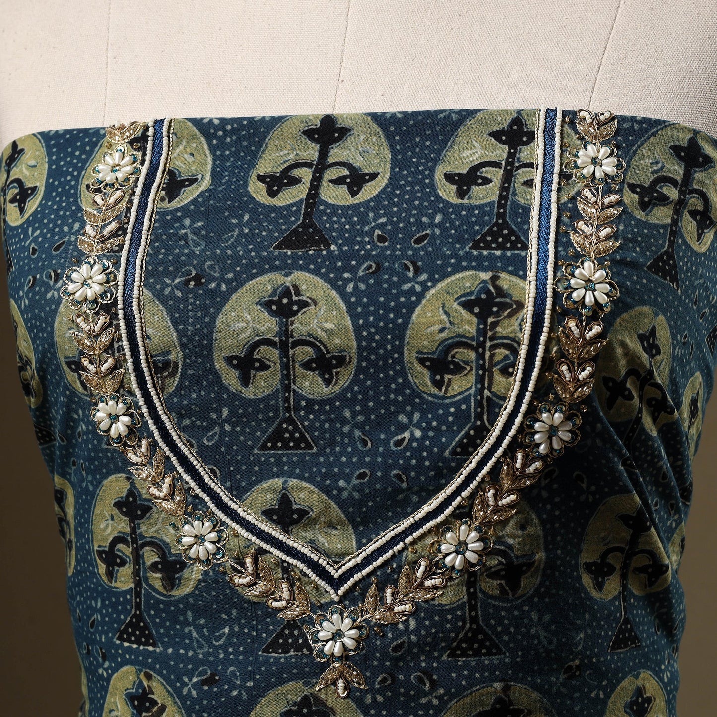 Blue - hand embroidery cotton blouse piece 03 - handcrafted