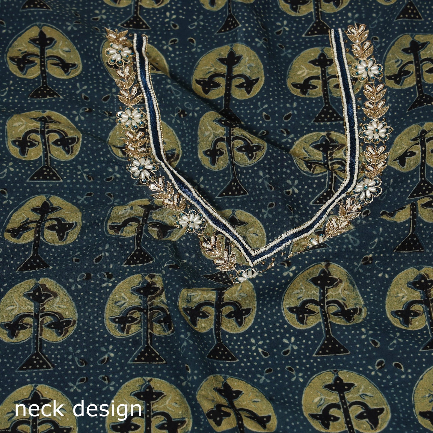 Blue - hand embroidery cotton blouse piece 03 - handcrafted