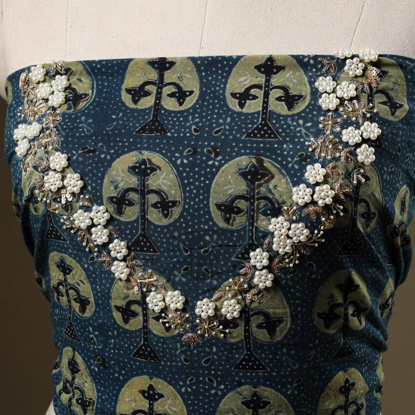 Blue - hand embroidery cotton blouse piece 04 - handcrafted