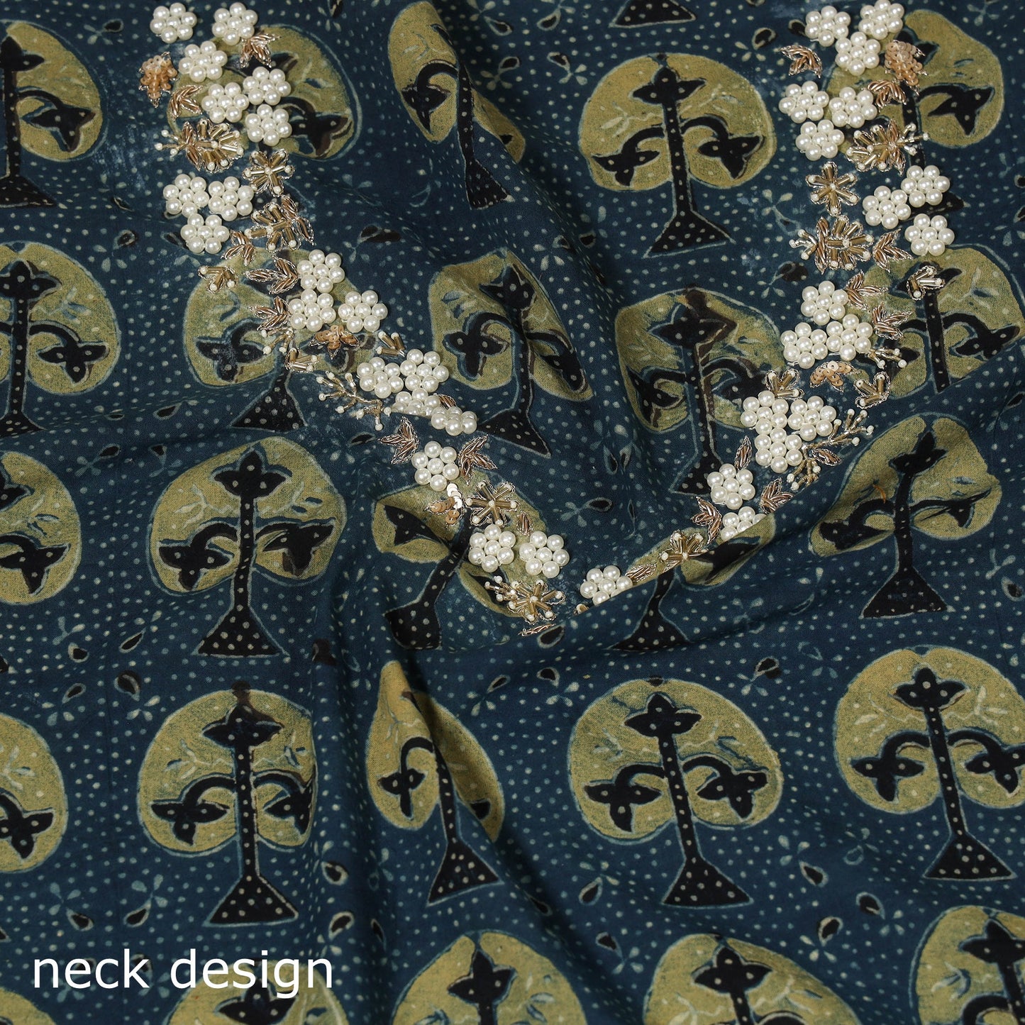 Blue - hand embroidery cotton blouse piece 04 - handcrafted