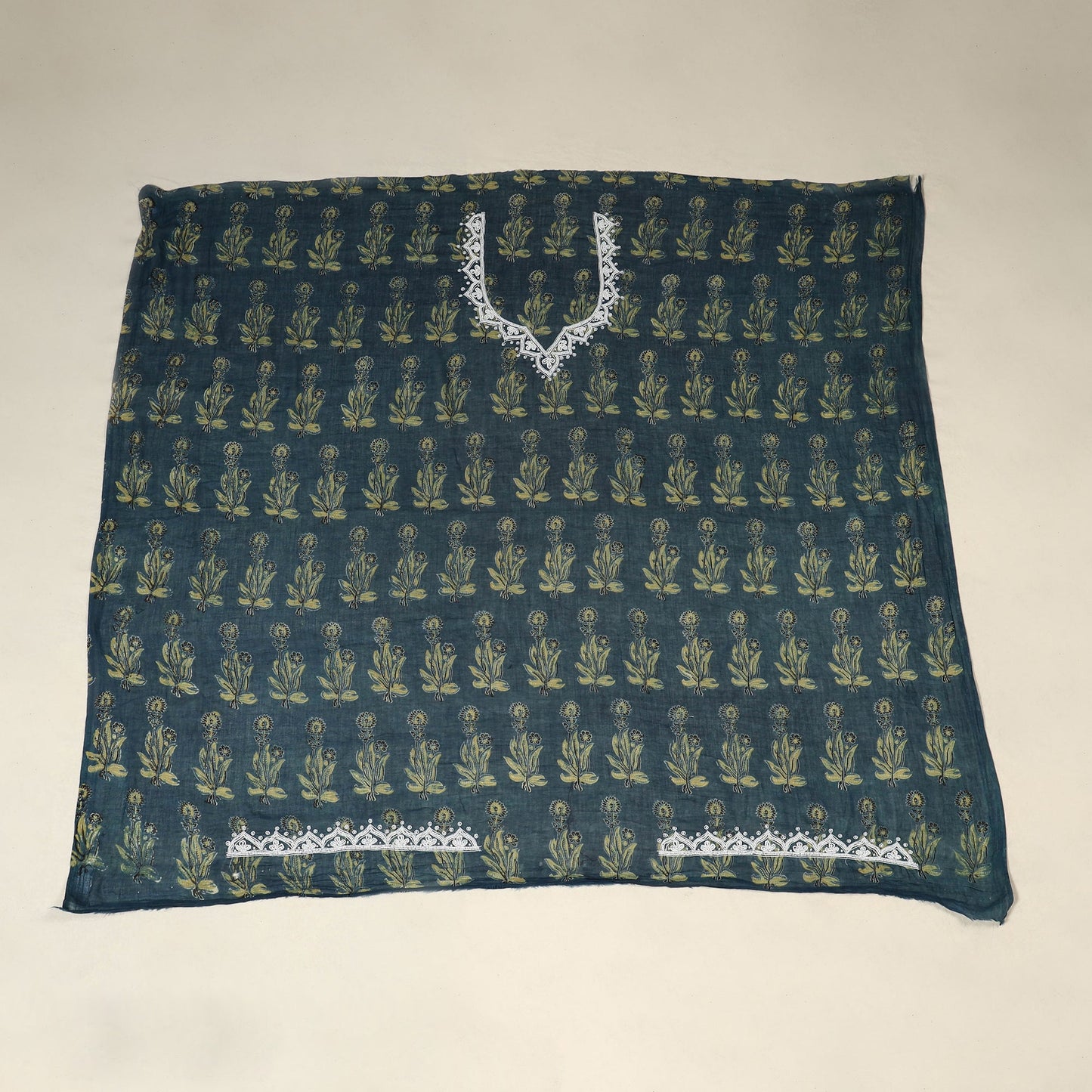 Blue Ajrakh Print Hand Embroidery Cotton Blouse Piece