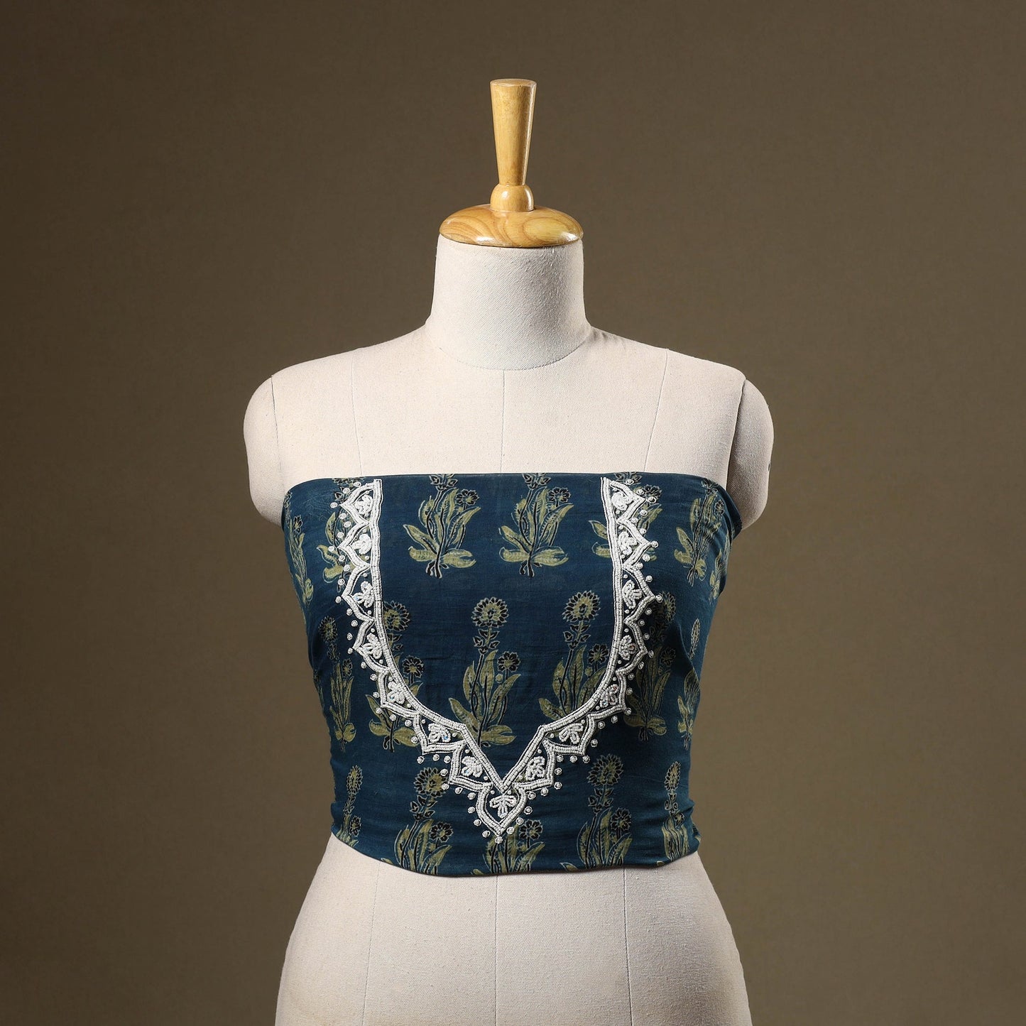 Blue Ajrakh Print Hand Embroidery Cotton Blouse Piece