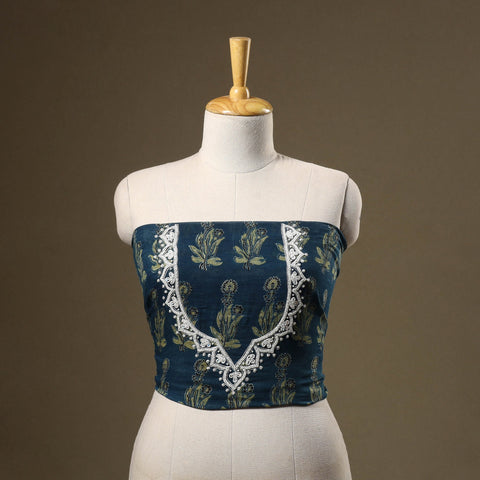 Blue Ajrakh Print Hand Embroidery Cotton Blouse Piece