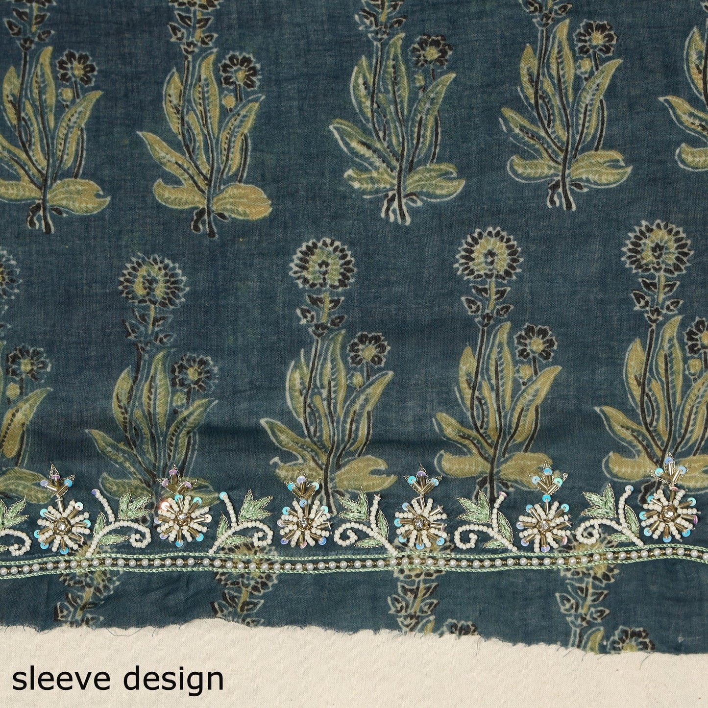 Blue Ajrakh Print Hand Embroidery Cotton Blouse Piece