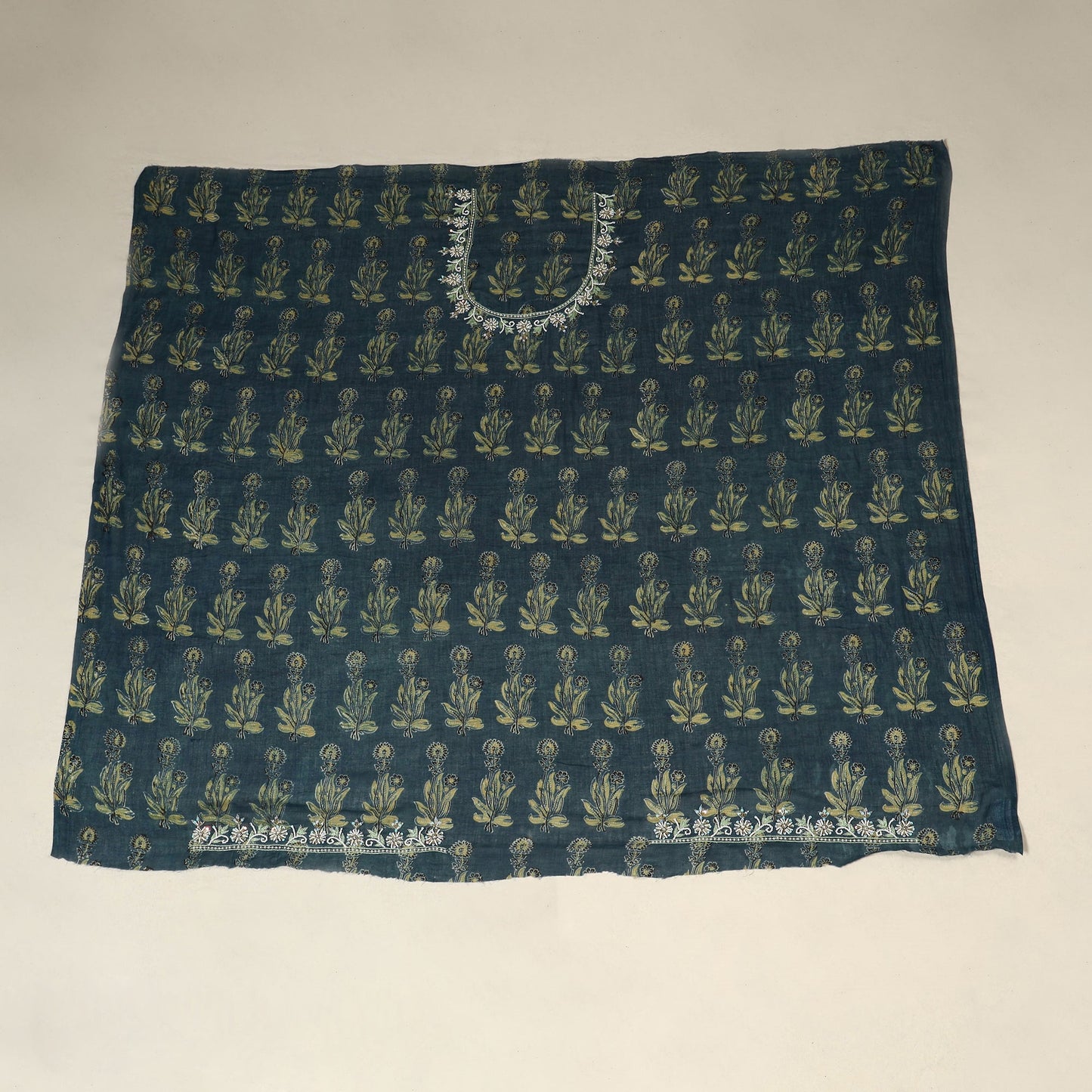 Blue Ajrakh Print Hand Embroidery Cotton Blouse Piece