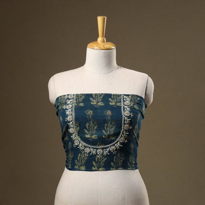 Blue Ajrakh Print Hand Embroidery Cotton Blouse Piece