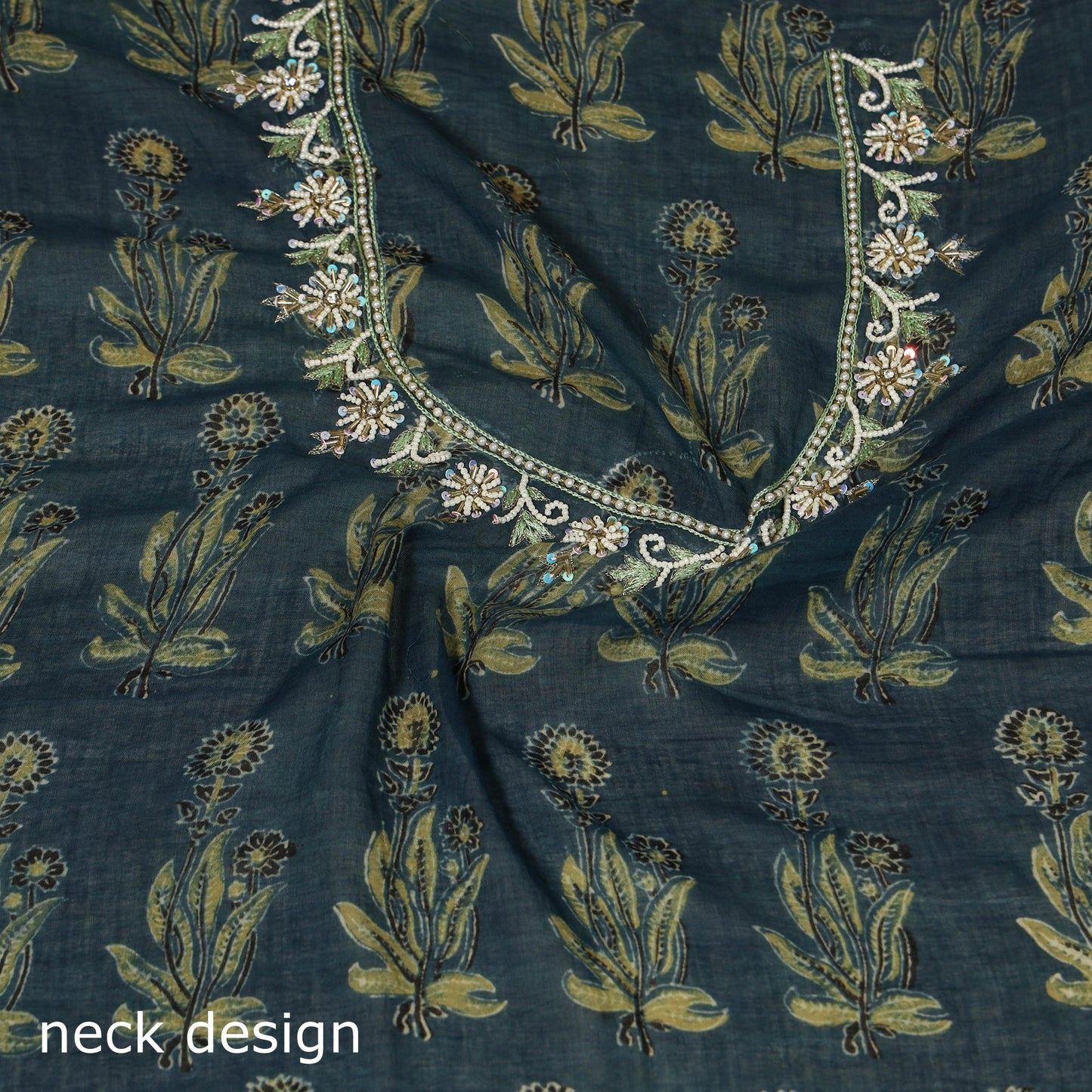 Blue Ajrakh Print Hand Embroidery Cotton Blouse Piece