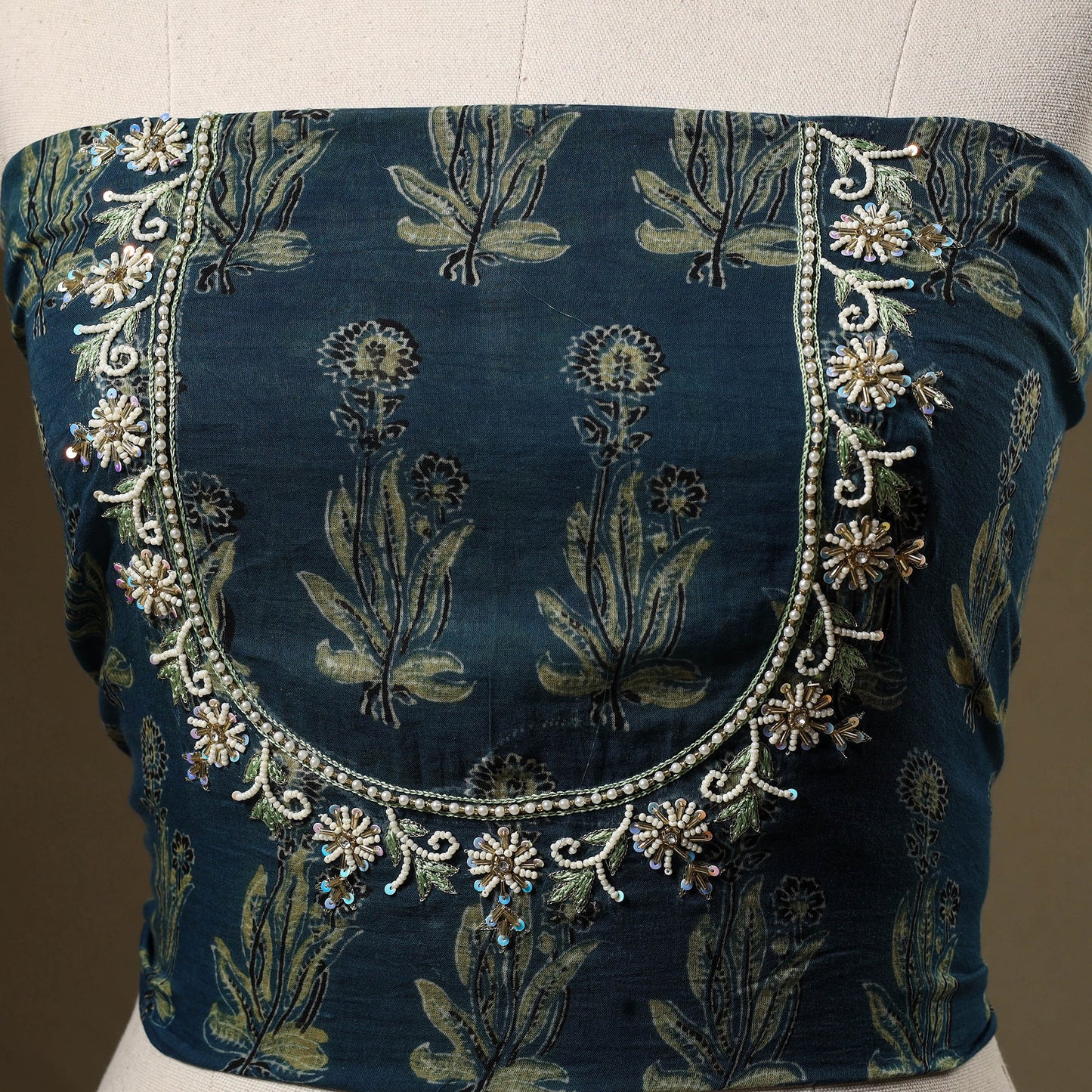 Blue Ajrakh Print Hand Embroidery Cotton Blouse Piece