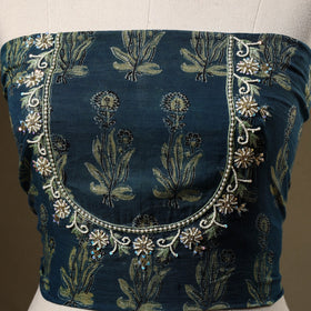 Blue Ajrakh Print Hand Embroidery Cotton Blouse Piece