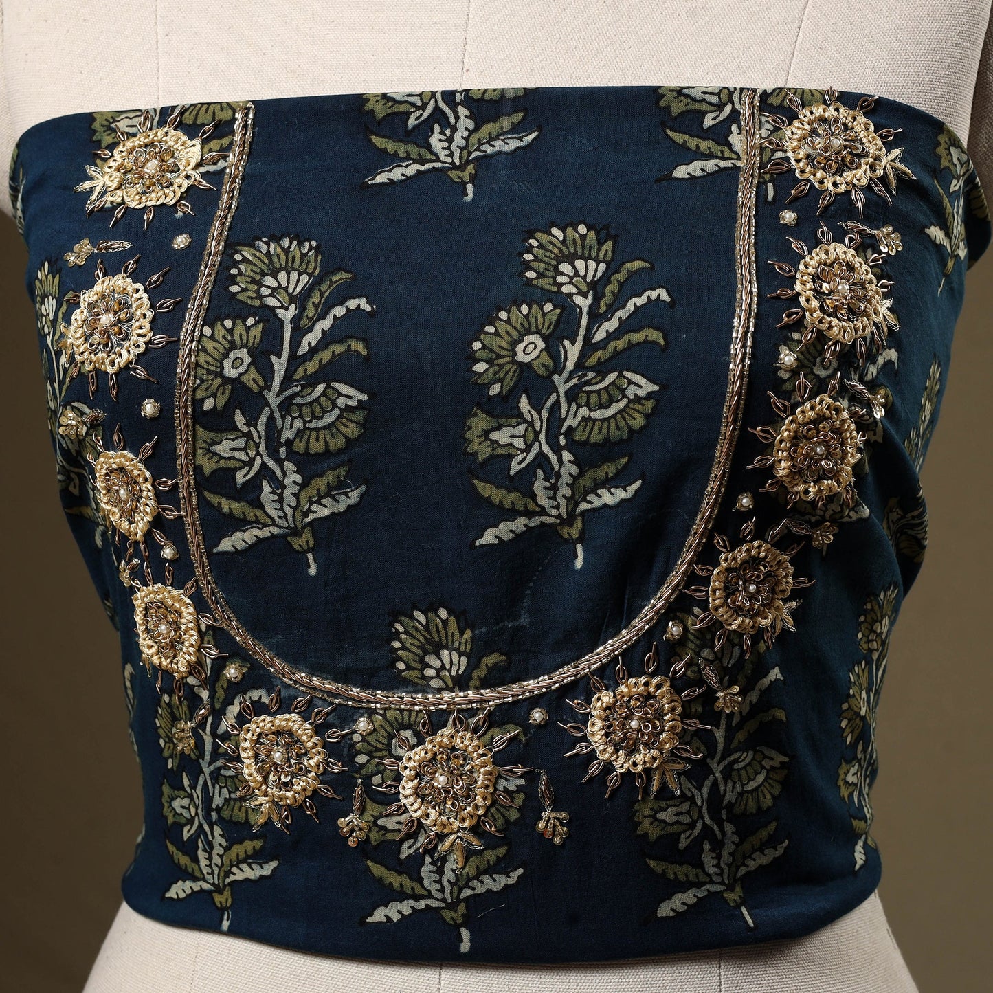 Blue - hand embroidery cotton blouse piece 08 - handcrafted