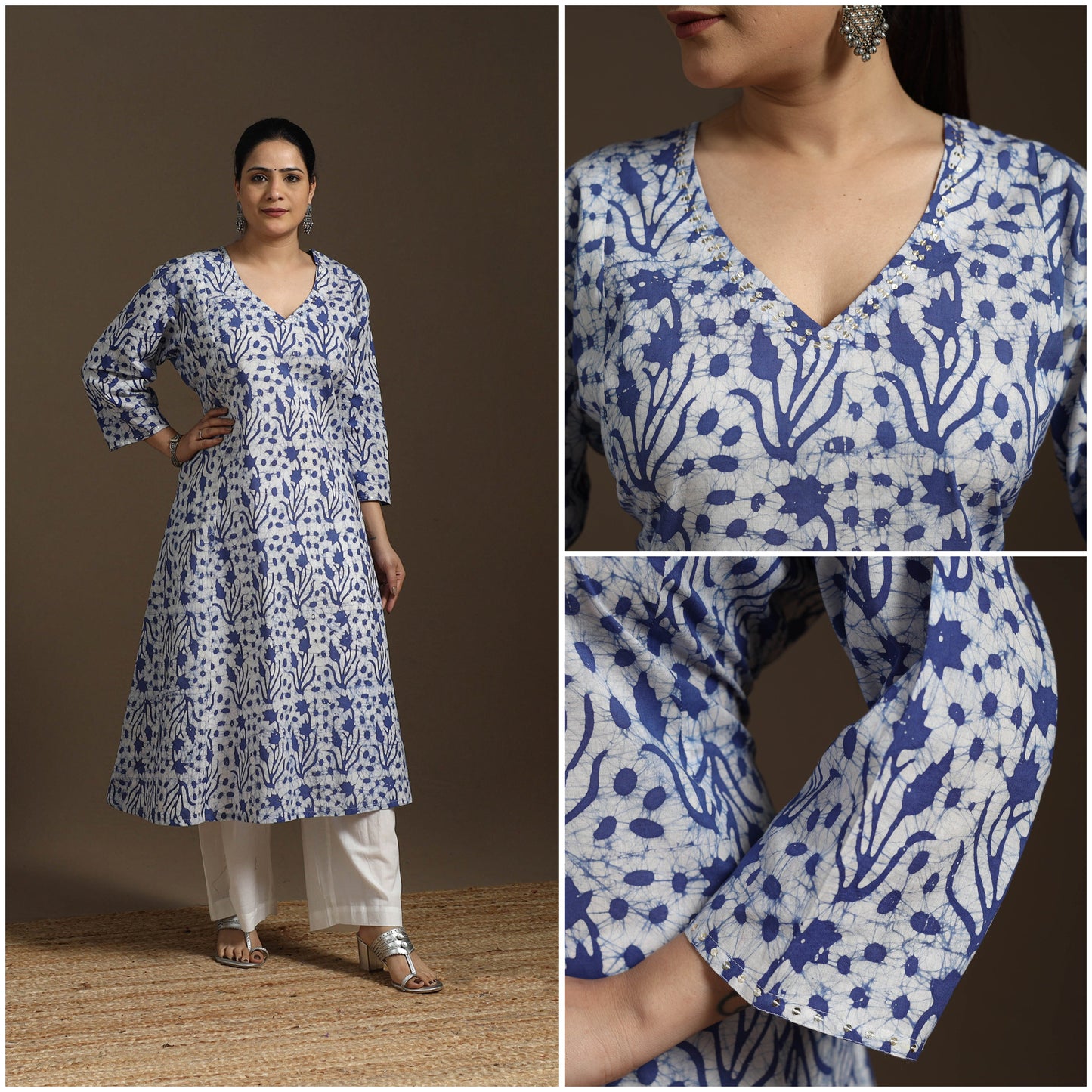 Hand embroidery cotton a-line batik kurta for women 03
