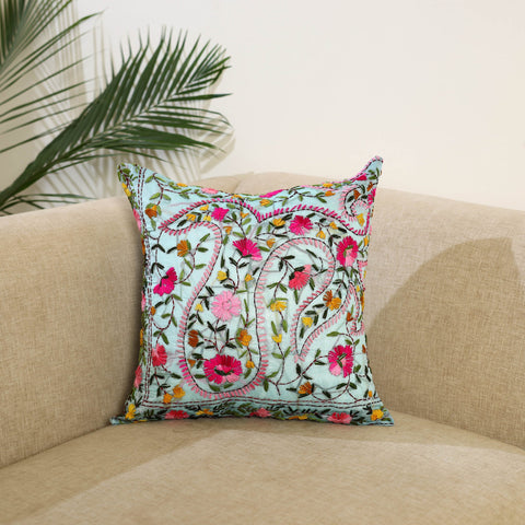 Blue Hand Embroidered Cushion Cover in Chanderi Silk