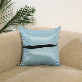 Blue Hand Embroidered Cushion Cover in Chanderi Silk