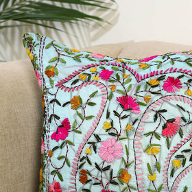 Blue Hand Embroidered Cushion Cover in Chanderi Silk
