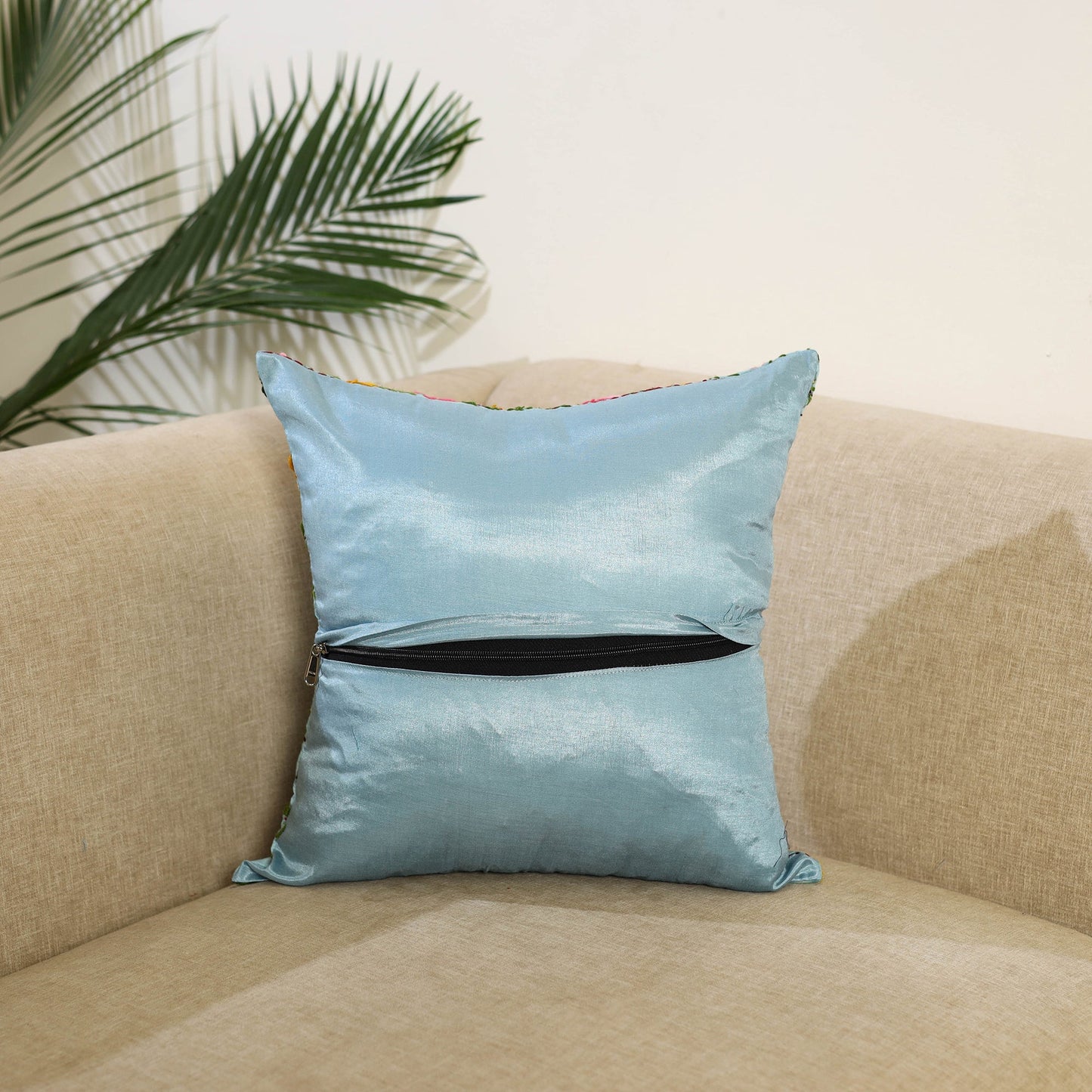 Blue Hand Embroidered Cushion Cover in Chanderi Silk