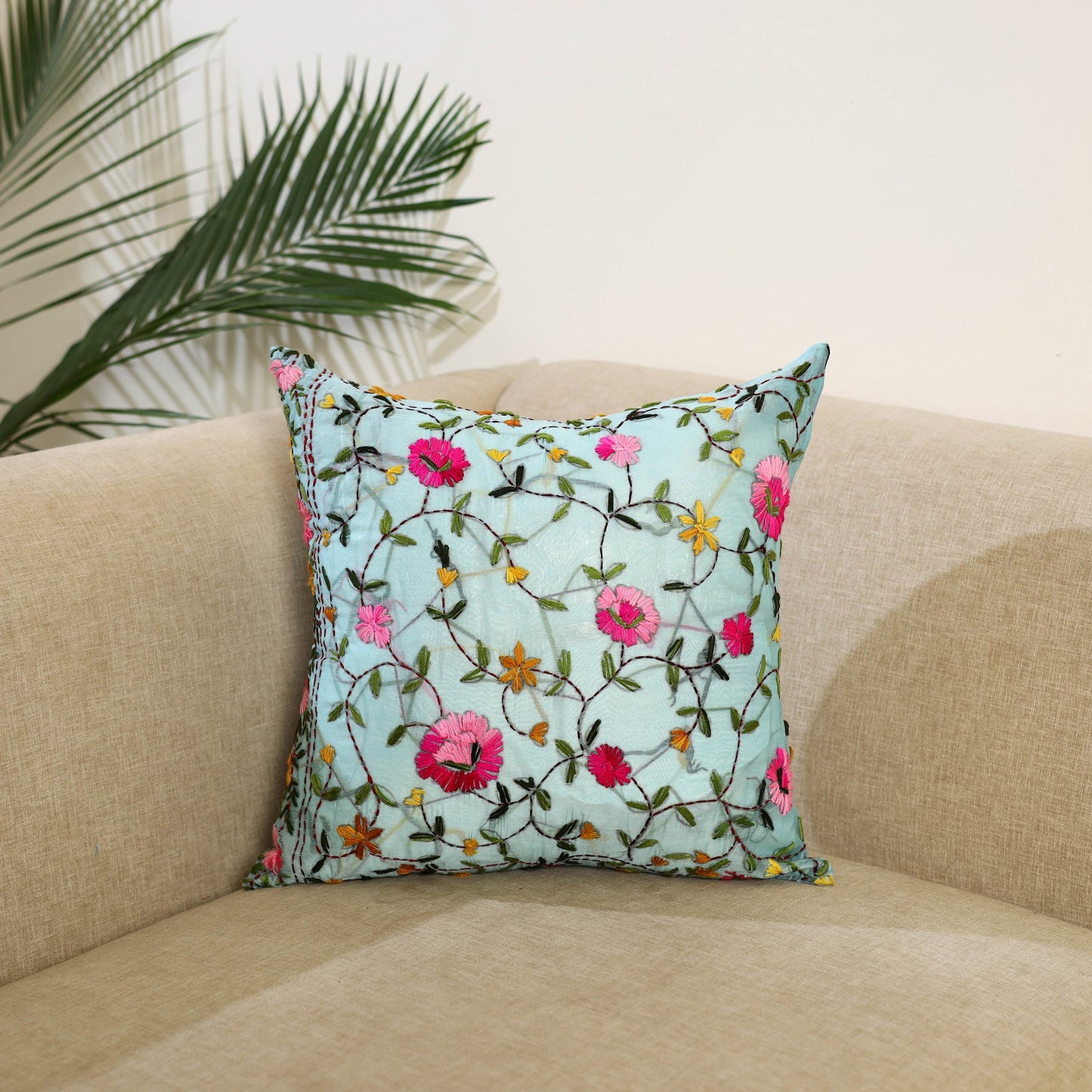 Blue Hand Embroidered Cushion Cover in Chanderi Silk