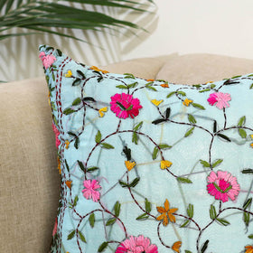 Blue Hand Embroidered Cushion Cover in Chanderi Silk