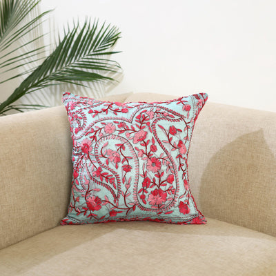 Blue Hand Embroidered Cushion Cover in Chanderi Silk