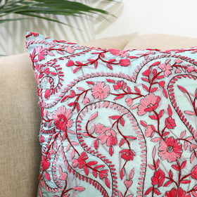 Blue Hand Embroidered Cushion Cover in Chanderi Silk