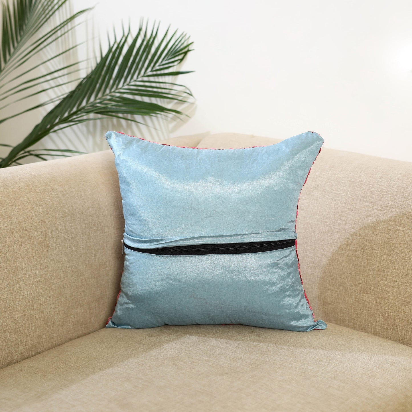 Blue Hand Embroidered Cushion Cover in Chanderi Silk