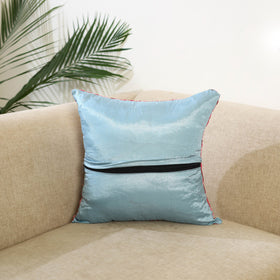 Blue Hand Embroidered Cushion Cover in Chanderi Silk