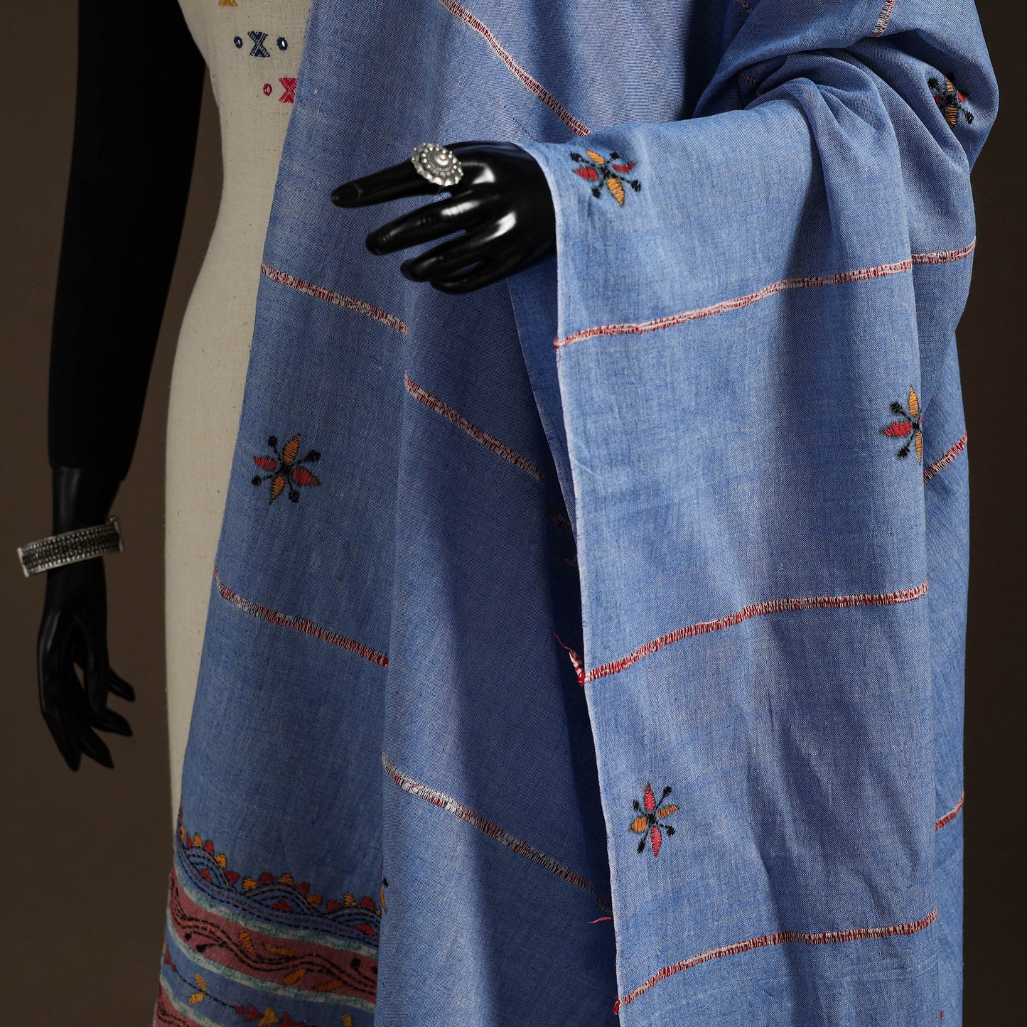 Blue Hand Embroidery Khes Handwoven Cotton Kantha Dupatta