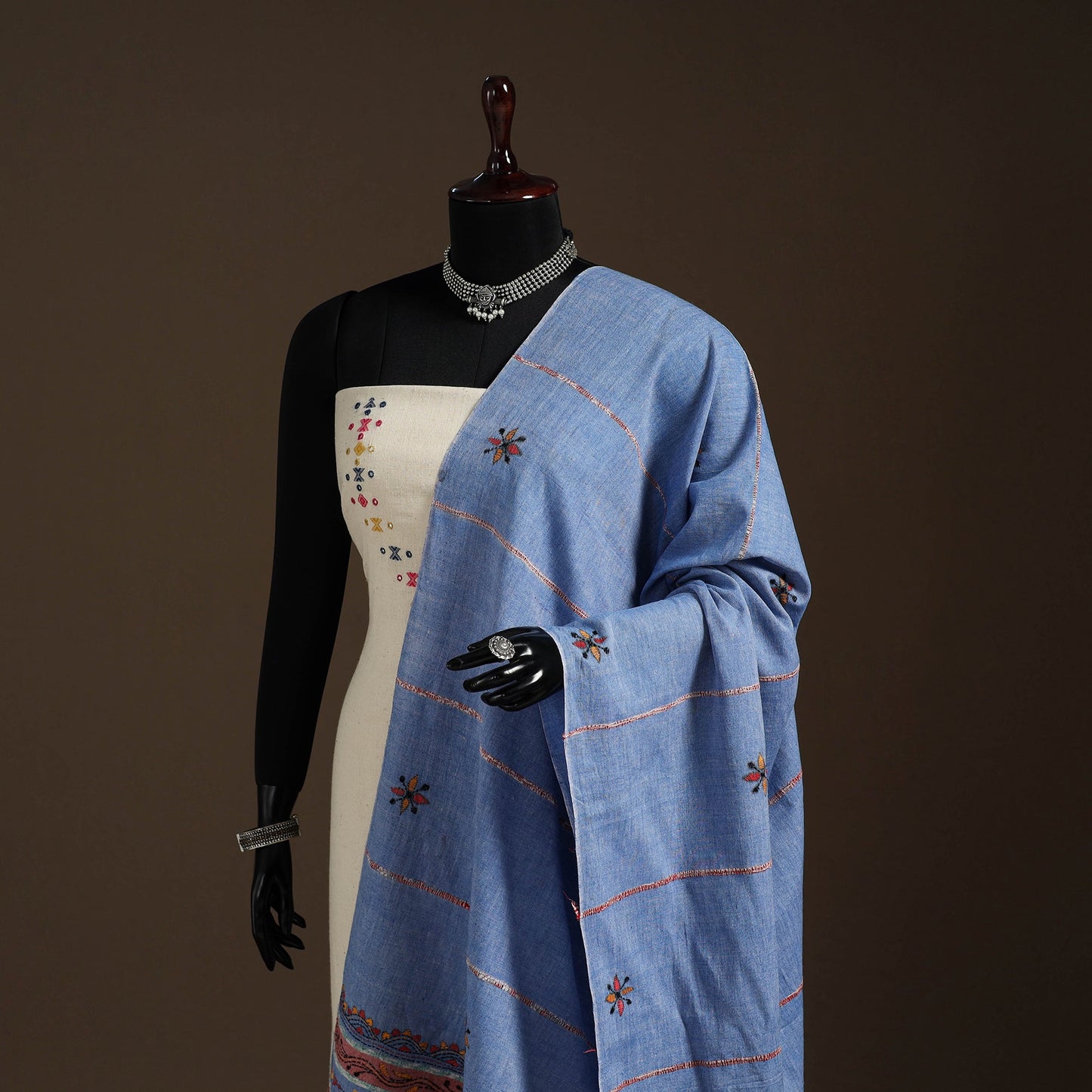 Blue Hand Embroidery Khes Handwoven Cotton Kantha Dupatta