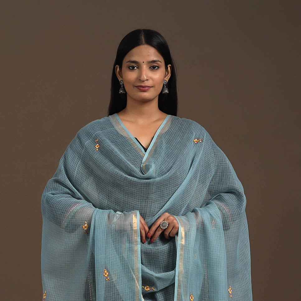 Blue Hand Embroidery Kota Silk Kashida Dupatta