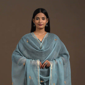 Blue Hand Embroidery Kota Silk Kashida Dupatta