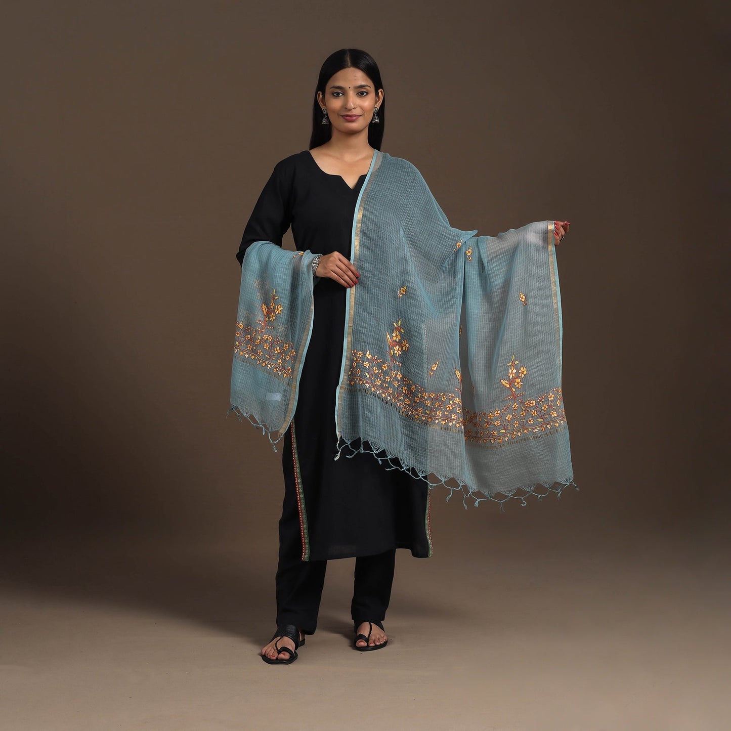 Blue Hand Embroidery Kota Silk Kashida Dupatta