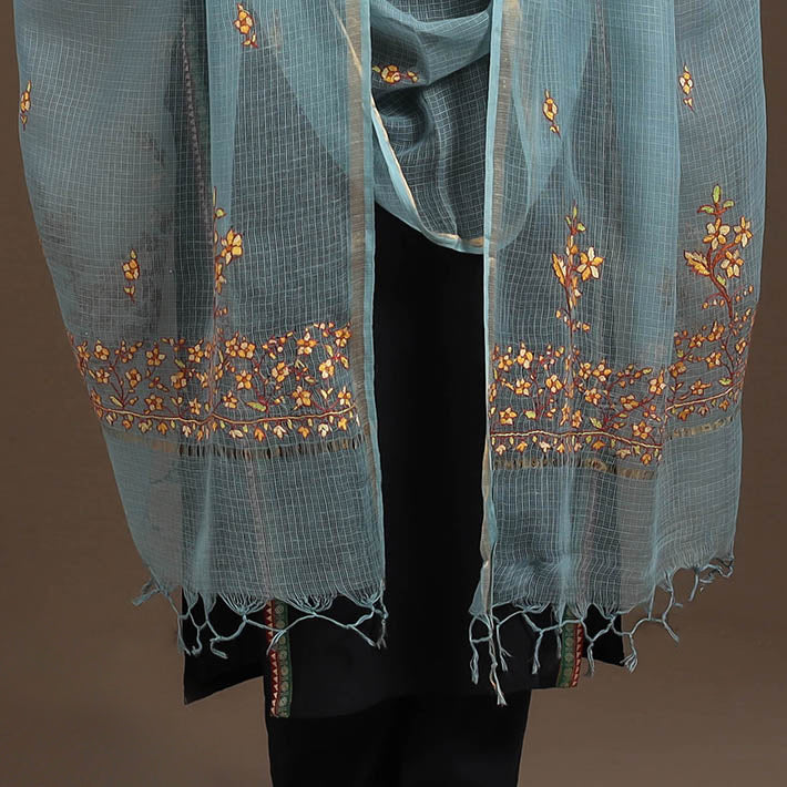 Blue Hand Embroidery Kota Silk Kashida Dupatta