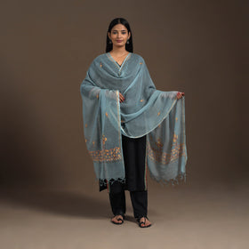 Blue Hand Embroidery Kota Silk Kashida Dupatta