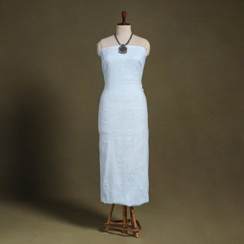 Blue Hand Embroidery Mul Cotton Chikankari Kurta Material